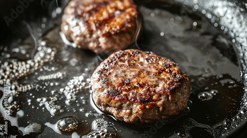 Two cooked frozen hamburger patties in hot frying pan High angle view closeup Fast food   Generative AI