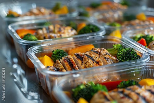 Grilled chicken with vegetables in meal prep containers.