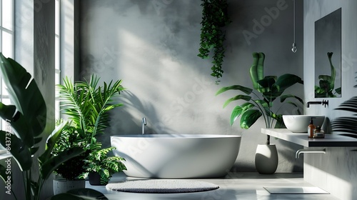 Stylish interior of bathroom with green houseplants   Generative AI