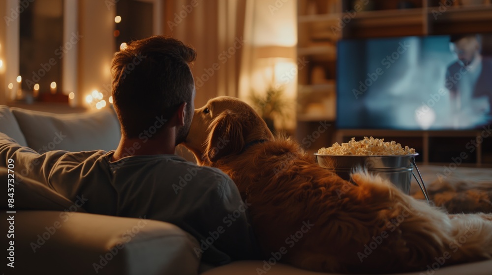 Man and his Golden Retriever sitting side by side on a sofa, watching TV with a large bucket of popcorn Man and his Golden Retriever sitting side by side on a sofa, watching TV with a large bucket of popcorn