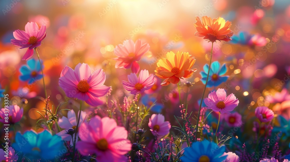 Beautiful cosmos flowers in shades of pink and purple, with a glowing sunlight creating a bokeh effect