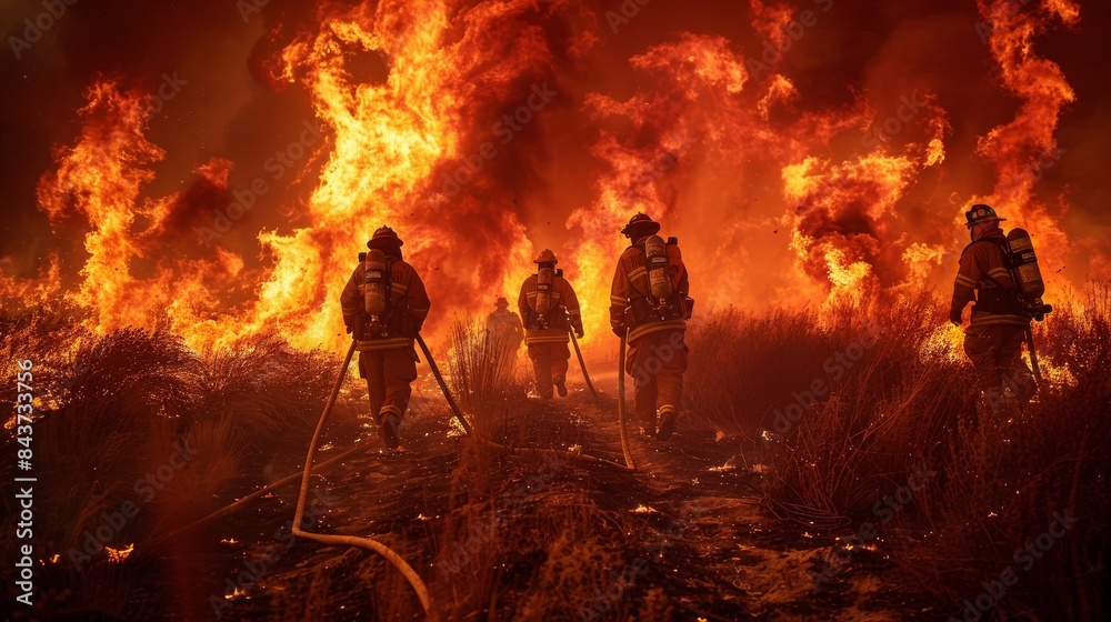 Fototapeta premium A line of firefighters progress through a burning landscape, their hoses aimed at the overwhelming wildfire