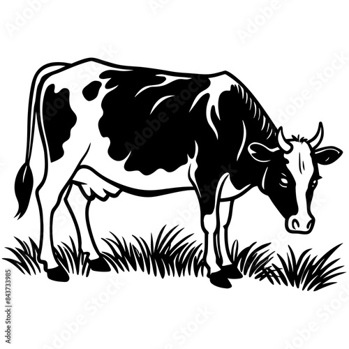 A cow is grazing on the grassland