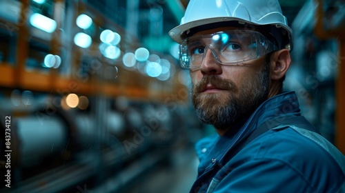A worker in protective gear is standing in a blurred industrial environment, emphasizing workplace safety