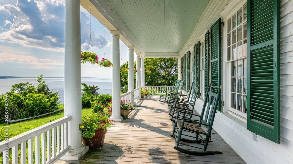 Cozy Front Porch with Rocking Chairs and Ocean View in New England Cozy Front Porch with Rocking Chairs and Ocean View in New England