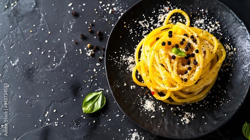 Delicious typical bucatini alla gricia traditional recipe of pasta with guanciale pecorino and black pepper of roman cuisine italian food : Generative AI photo