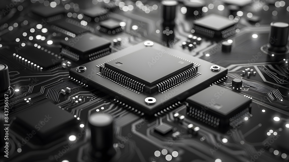 Close-up of a high-tech electronic circuit board with microchips and components, showcasing intricate technology details. Close-up of a high-tech electronic circuit board with microchips and components, showcasing intricate technology details.