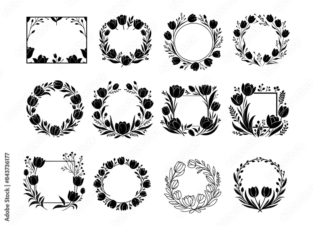 Fototapeta premium Elegant floral frames. Tulip frames on white background. Floral wreath. Floral background