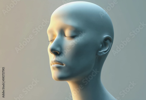 A 3D rendering of a bald human head from the side. The eyes are closed and the face is expressionless.

