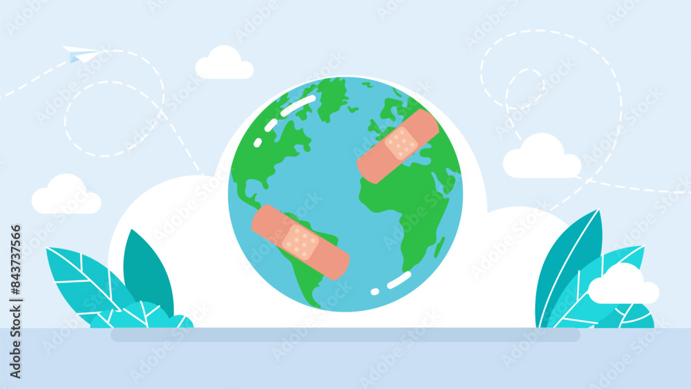 Fototapeta premium Save the earth. Hurt Planet Earth Suffering in Pain. Wounded world feeling ill and damaged after environmental health disaster. Planet with patches and bandages. Vector illustration.