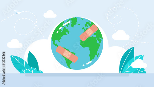 Save the earth. Hurt Planet Earth Suffering in Pain. Wounded world feeling ill and damaged after environmental health disaster. Planet with patches and bandages. Vector illustration.