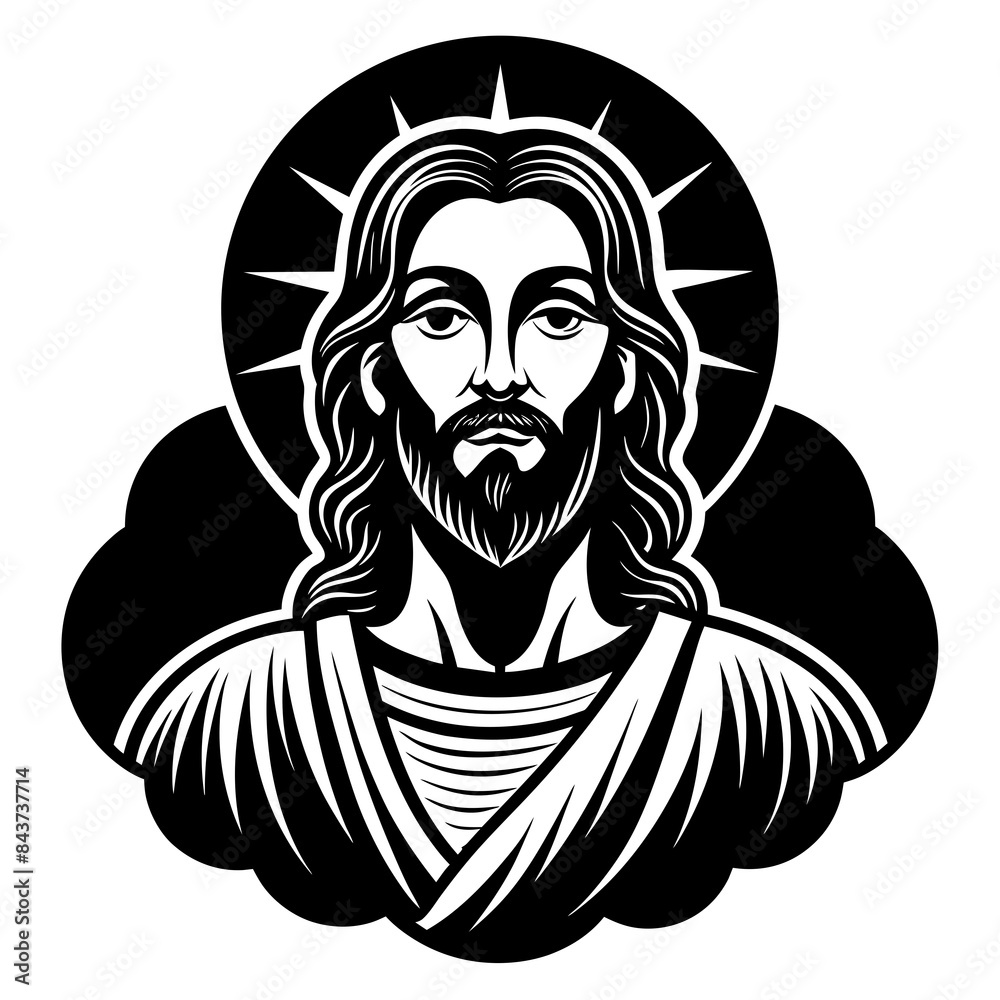 Fototapeta premium A black and white t-shirt design of Jesus Christ with clouds behind him