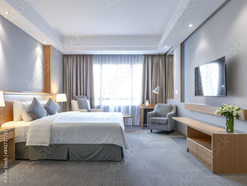 Elegant hotel room interiors with modern furniture. Hotel interior design composition.