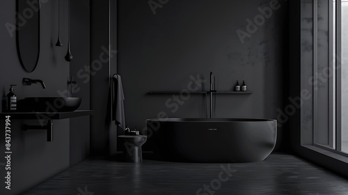 Black minimalist bathroom interior 3d rendering   Generative AI