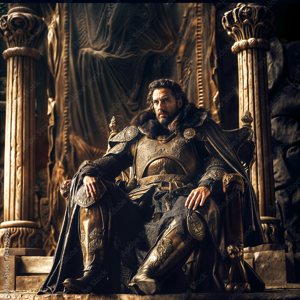 Fototapeta premium Medieval king sitting on a throne, wearing armor but no crown.