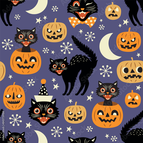 Seamless vector pattern with vintage spooky cats and Halloween pumpkins. Hand drawn illustration. Perfect for textile, wallpaper or print design.
