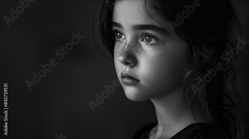 Stunning monochromatic portrait capturing the melancholy of a young girl in solitude on a dark backdrop