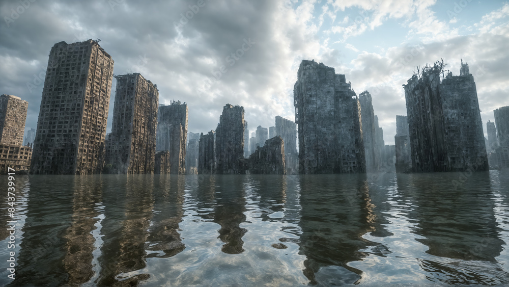 Flooded city, post-apocalyptic cityscape with abandoned, partially ...