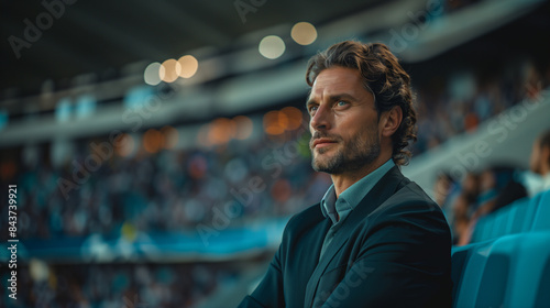 Portrait of a professional Italian manager in a beige suit standing confidently in a stadium  arms crossed  focused expression  under bright lights.