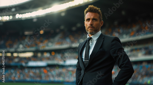 A confident Argentine manager in a suit poses in an illuminated stadium during a sports event, exuding leadership and determination.