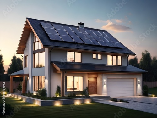 close up view of new suburban house with photovoltaic system on its roof, modern eco-friendly passive house with solar panels on gable roof, with sunlight in evening scene © melky