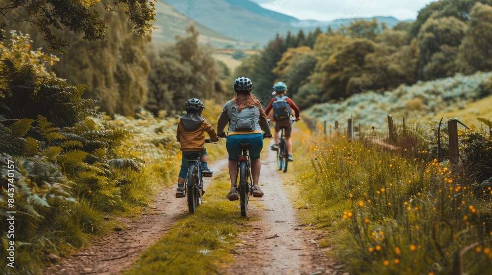 Fototapeta premium Happy family cycling through serene countryside, Healthy and environmentally friendly form of transport