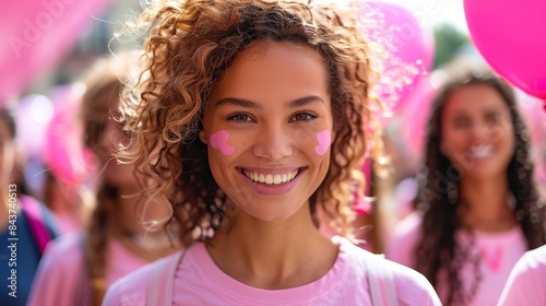 A young woman with curly hair and heart-shaped blush smiles brightly, surrounded by pink balloons and joyful faces. Breast cancer awareness Day