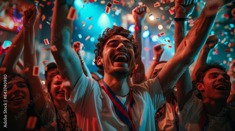 Generate an image portraying the athlete's joyful presence at a celebratory party Generate an image portraying the athlete's joyful presence at a celebratory party