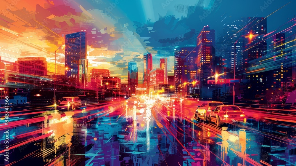 Generate an image portraying the dynamic spirit of downtown in a graphic style Generate an image portraying the dynamic spirit of downtown in a graphic style