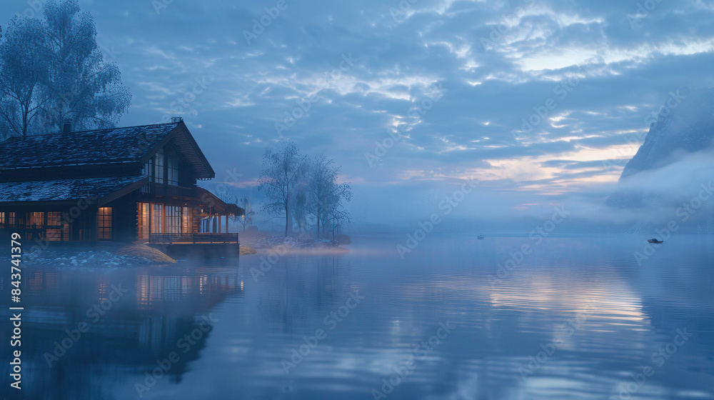 Fototapeta premium Serene Dawn: Misty Lakeside Retreat