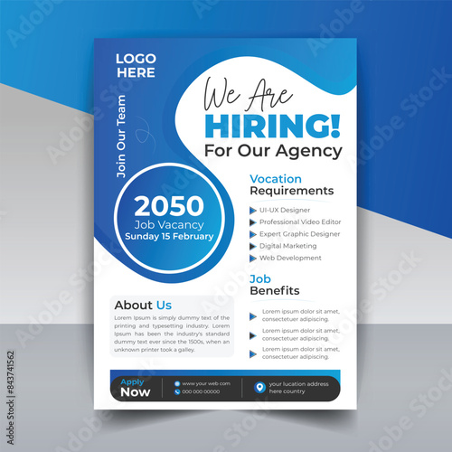 We are hiring  job vacancy Flyer design. Hiring employee join for corporate poster or leaflet, editable printing vector layout a4 size, modern flier template