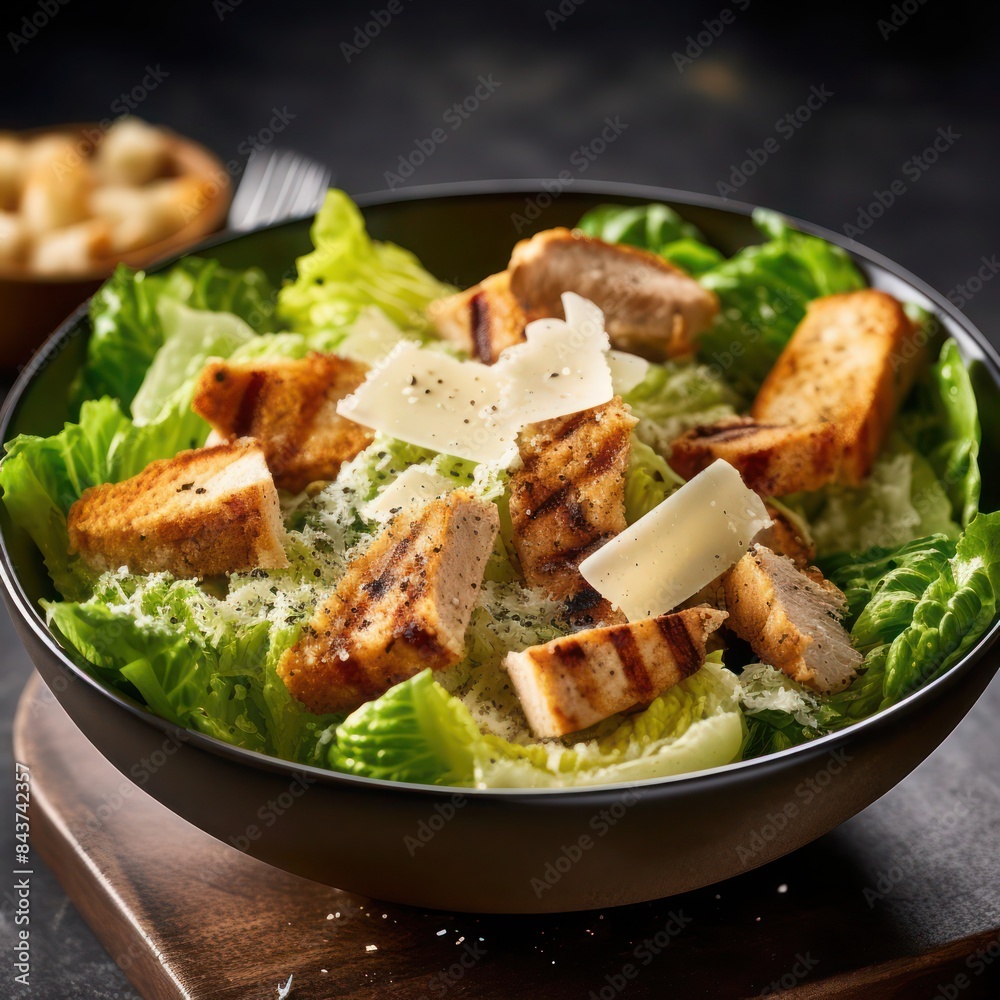 a sumptuous bowl of fresh salad and chicken caesar salad garnished with leafy greens and croutons a sumptuous bowl of fresh salad and chicken caesar salad garnished with leafy greens and croutons