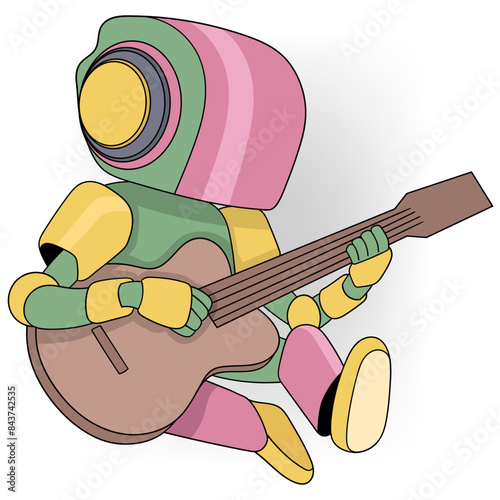 artificial intelligence learning technology, a robot is sitting playing a guitar and composing a song