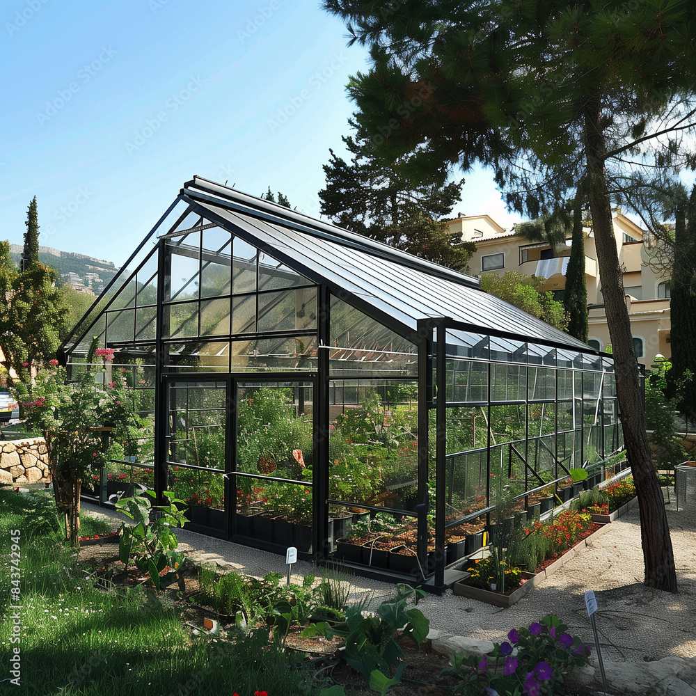 Lush greenhouse with thriving plants and vegetables under cultivation, showcasing sustainable farming practices and modern agricultural techniques. Lush greenhouse with thriving plants and vegetables under cultivation, showcasing sustainable farming practices and modern agricultural techniques.