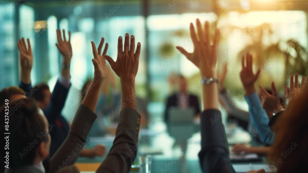 © Joyce - Hands of crowd in air in a vote event in a office room during an executive board meeting.