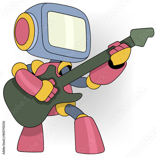 artificial intelligence learning technology, a robot is sitting playing a guitar and composing a song