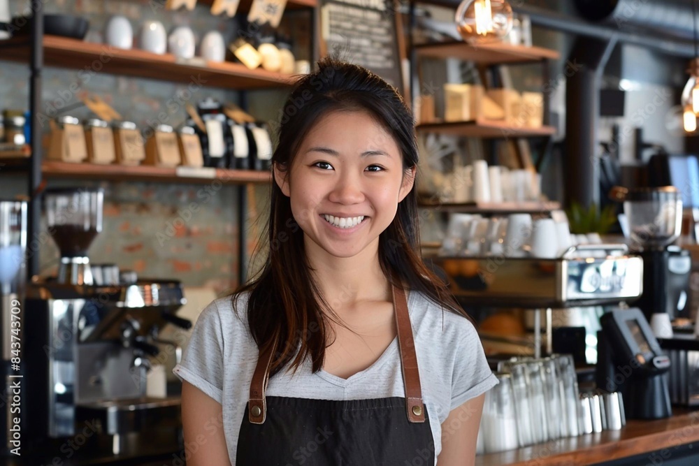Smiling Asian female barista in apron, proud cafe owner, small business startup success story Smiling Asian female barista in apron, proud cafe owner, small business startup success story