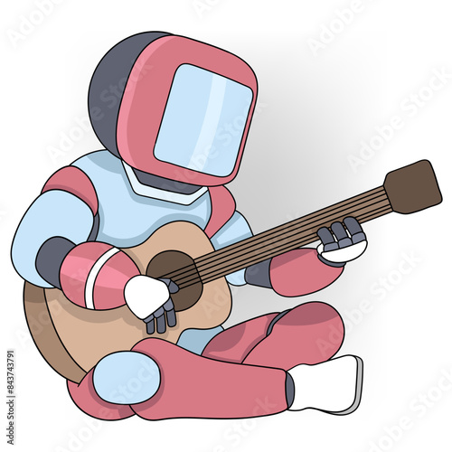 artificial intelligence learning technology, a robot is sitting playing a guitar and composing a song