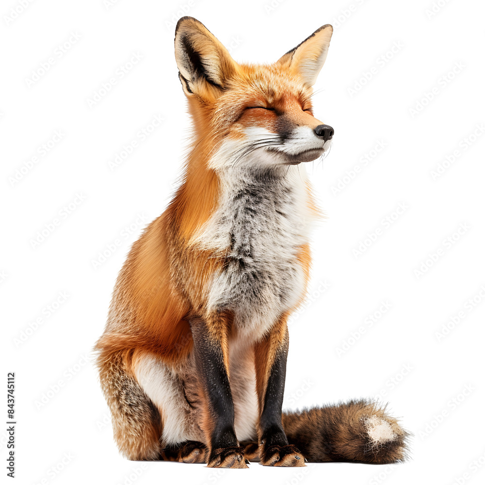 Fototapeta premium A majestic red fox sitting, with its eyes closed, showing its beautiful fur and bushy tail, isolated on transparency PNG background.