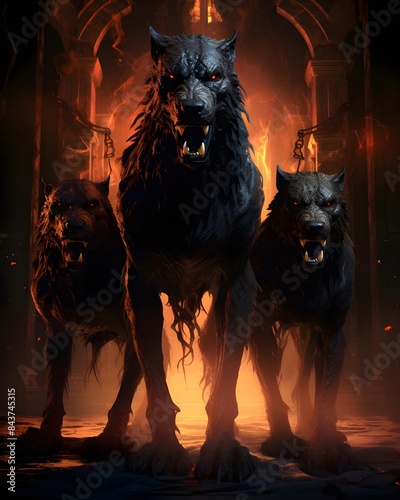 two wolves in a dark room with fire and smoke. 3d rendering photo