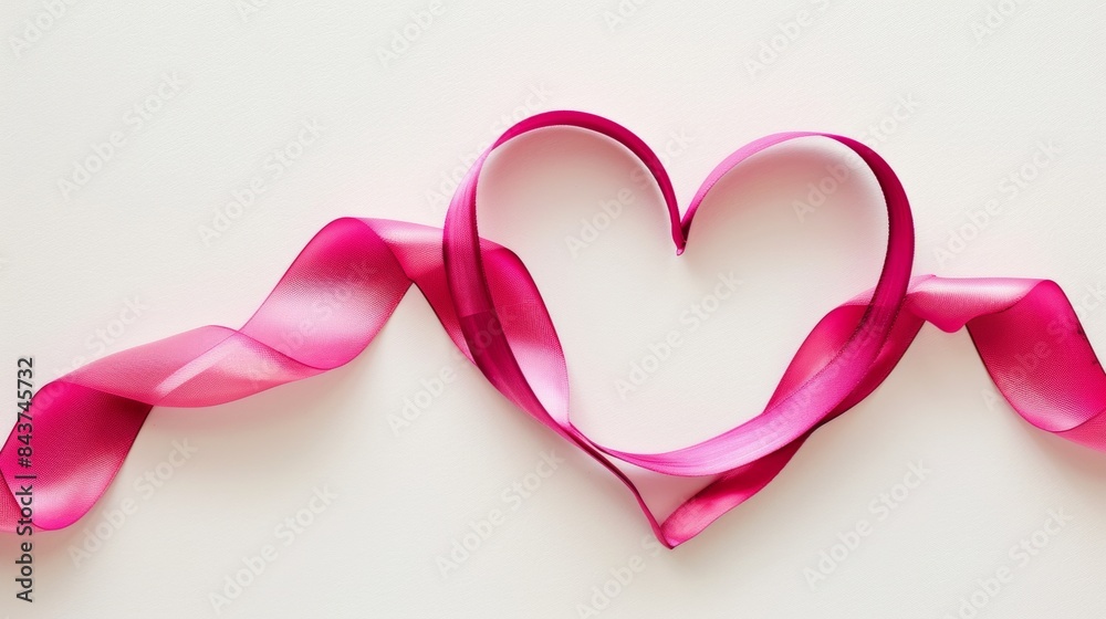Pink ribbon on plain background in the shape of heart Pink ribbon on plain background in the shape of heart
