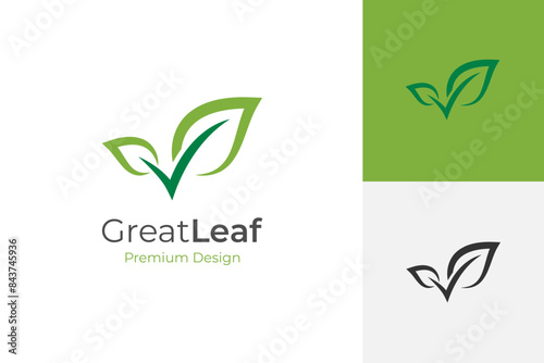 good leaf logo icon design with tick mark and foliage, growth leaf graphic elements. letter V for vegan, vegetarian logos