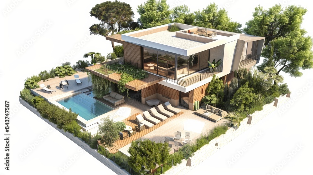 Obraz premium 3d rendering of modern house by the river at morning, house, luxury, villa, modern, architecture, building, exterior, residential, property, designer