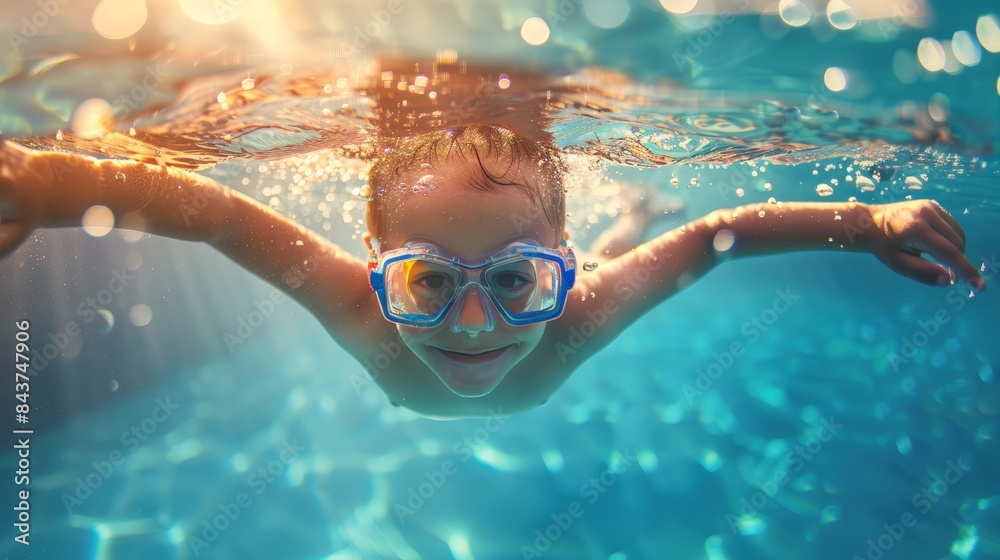 Naklejka premium Cute smiling child having fun swimming and diving in the pool at the resort on summer vacation. Sun shines under water and sparkling water reflection. Activities and sports to happy kid
