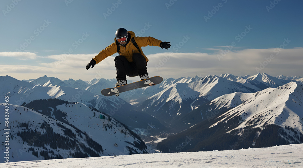 Snowboarder at jump on high mountains, Generative.AI
Snowboarder at jump on high mountains, Generative.AI