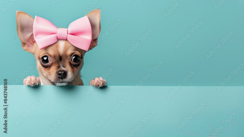 Cute dog with pink bow tie peeping with plain background. Cute dog with pink bow tie peeping with plain background.