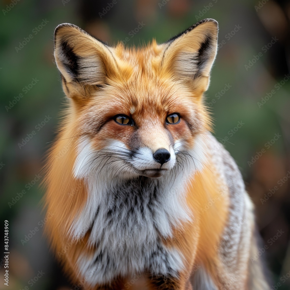 Close-up of a Majestic Red Fox in Natural Habitat: Detailed Shot Highlighting Facial Features and Autumn Furred Coat in Forest Close-up of a Majestic Red Fox in Natural Habitat: Detailed Shot Highlighting Facial Features and Autumn Furred Coat in Forest