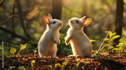 Cute rabbit standing on outdoor lawn.