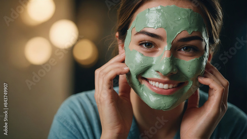 A woman with a green mask pack cream on her face is preparing to wash her face
