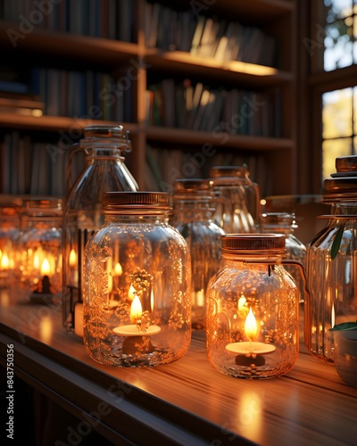Candles in glass bottles on a shelf in an old library.